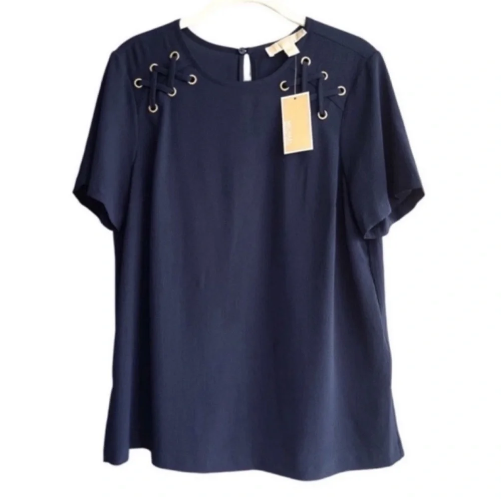 NEW Michael Kors Short Sleeve Crepe Blouse Laced Detail Navy Blue Gold Size M